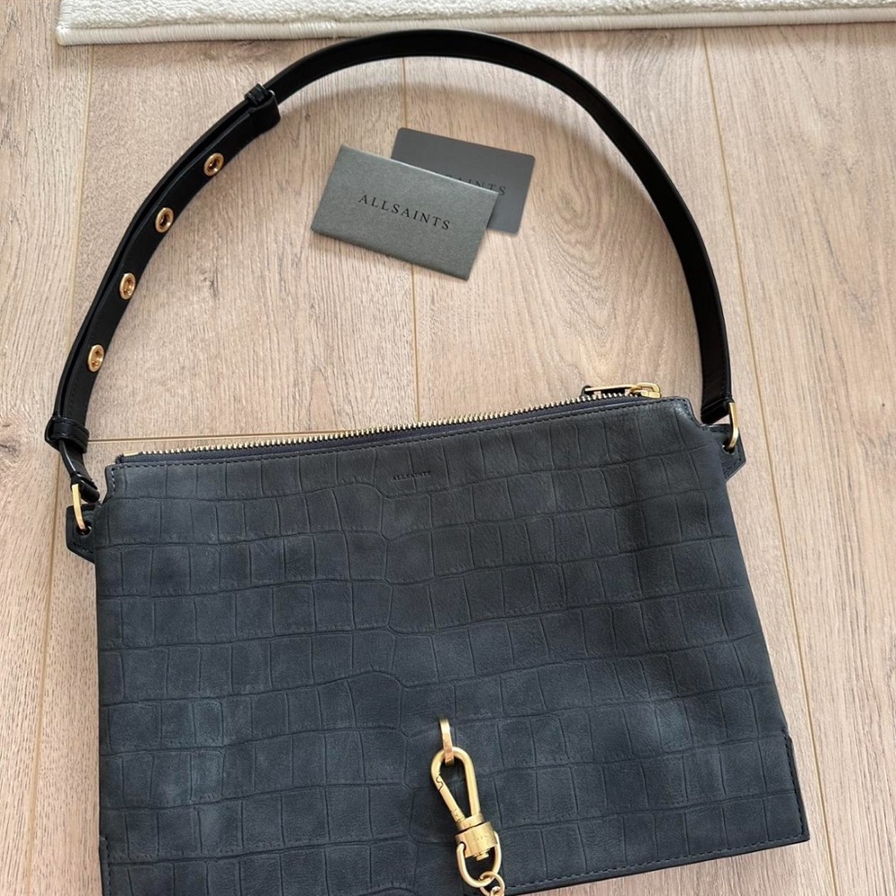 AllSaints Sheringham Suede
Shoulder Bag in "petrol blue"